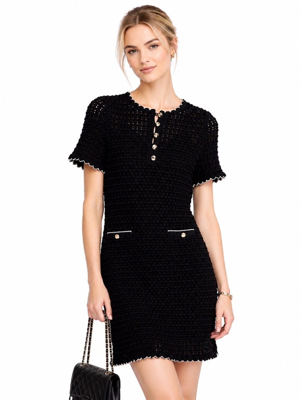 Sandro Black Crochet Knit Mini Dress Size 40 NWT